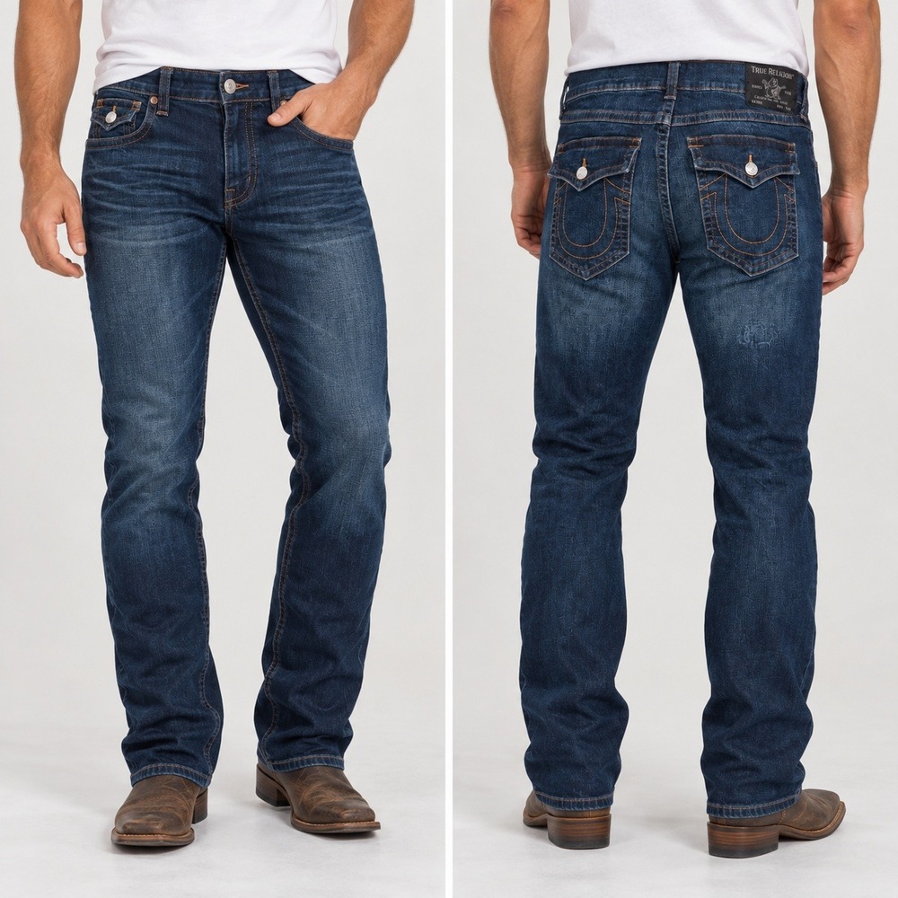 True Religion Ricky Relaxed Straight Jeans Mens 42x31 Blue Flap Pocket Dark Wash
